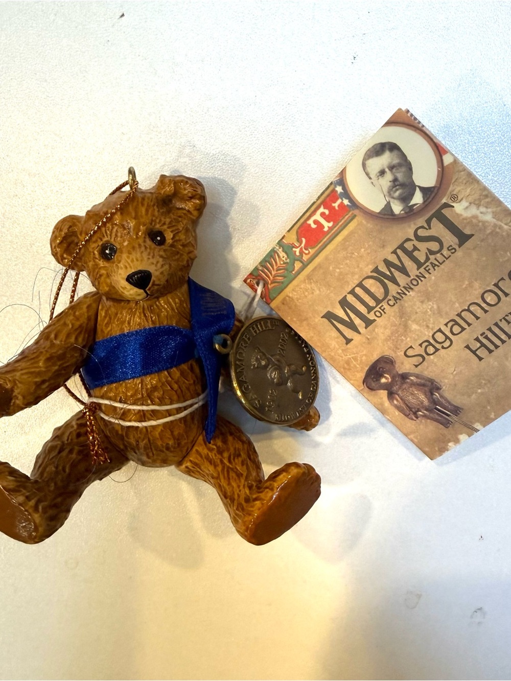 Midwest Sagamore Hill Brown Bear Ornament with Blue Ribbon